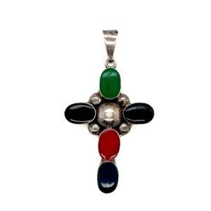 Sterling silver Mexico vintage Malachite onyx mid century cross pendant